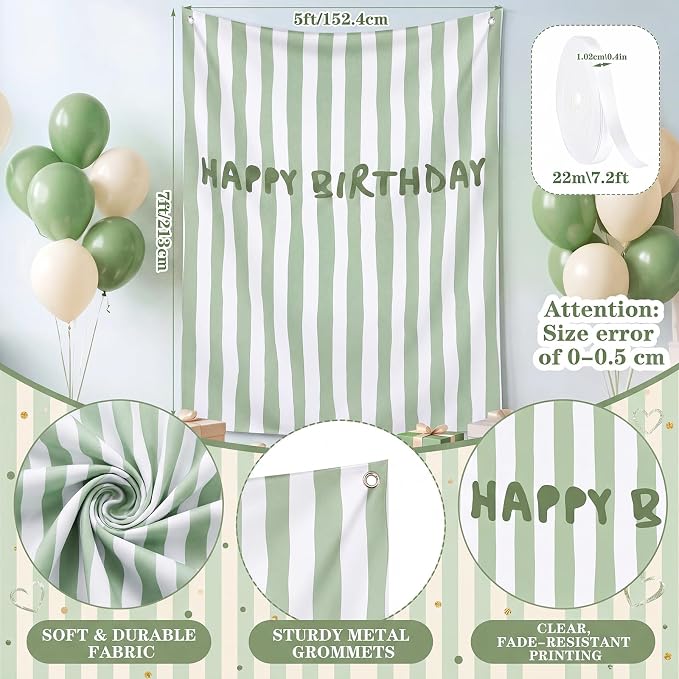 Flutesan 7x5ft Sage Green Stripe Happy Birthday Backdrop Large Banner Fabric Tapestry Birthday Party Decoration Baby Shower Linen Rustic Background Wall Photo Props Indoor Outdoor