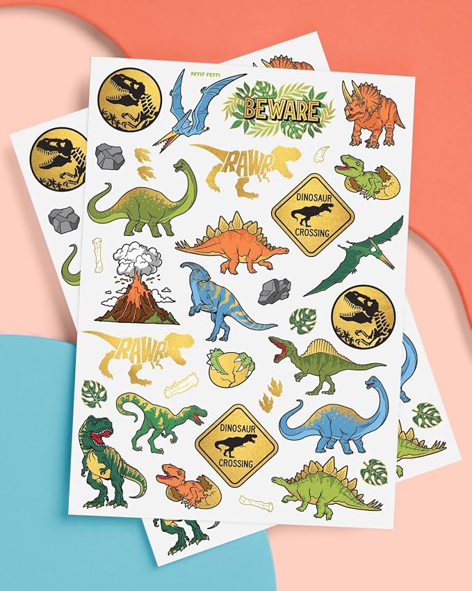xo, Fetti Dinosaur Temporary Tattoos - Gold Foil, 44 pcs | Kids Jurassic Birthday Party Supplies, Dino Party Favor, T-Rex Fossil Decorations