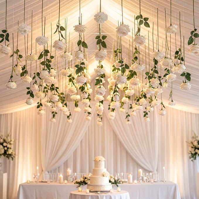 Lyrow 60 Pack White Artificial Flower Hanging Ornaments White Rose Floating Garland Floral Minimalist Boho Wedding Proposal Anniversary French Cream Farmhouse Ceiling Garland Table Decor DIY Craft