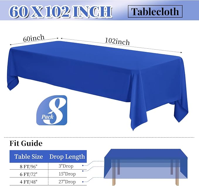 fani 8 Pack 60 x 102 Inch Tablecloth, Royal Blue Tablecloth for 6 Feet Rectangle Tables, Stain and Wrinkle Resistant Washable Fabric Table Cloth for Wedding Party Dining Table Buffet Parties Camping