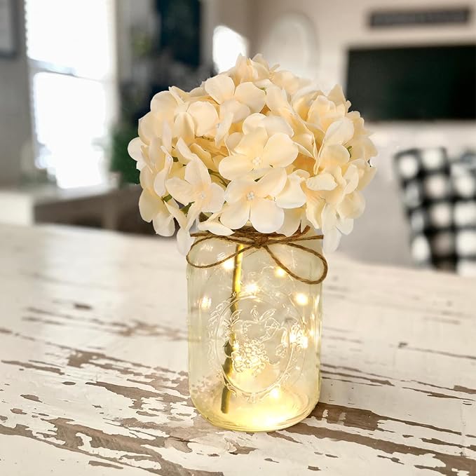 Set of 3 Mason Jar Lights, Champagne Hydrangea Holiday Table Decor | Farmhouse Table Centerpiece for Home Wedding Event Party Decor