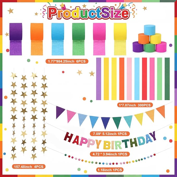 Mifoci 313 Pcs Happy Birthday Decorations Kit 300 Sheets Paper Chains Strips Birthday Felt Banner 492 ft Crepe Paper Streamers 52.4ft Star Garlands for Party Supplies DIY Crafts(Dopamine Colors)