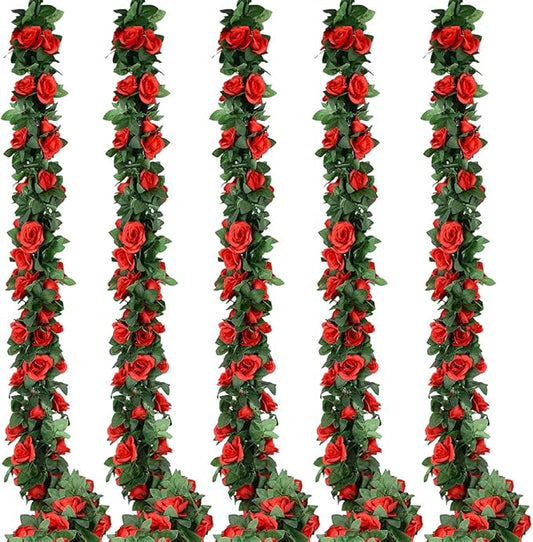 5pack Flower Garland Artificial Fake Rose Garland Vine Artificial Flowers for Decoration Floral Garlands Decor-Total 41 Ft (Red)