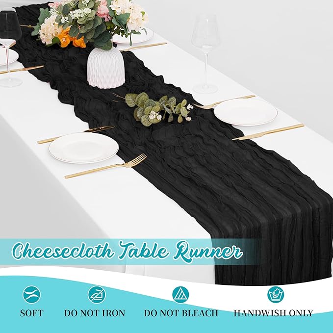 8 Pack Black Cheesecloth Table Runners 20x120 Inch Gauze Table Runner Cheese Cloth 10FT Black Table Runner Rustic Sheer Runner for Wedding Baby Shower Birthday Party Table Decor