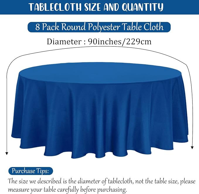 Fivenl 8 Pack Premium Round Tablecloth 90 Inch Round Table Covers Washable Polyester Fabric Round Table Clothes for Wedding Party Reception Banquet Buffet Restaurant (Royal Blue, 90 Inch)