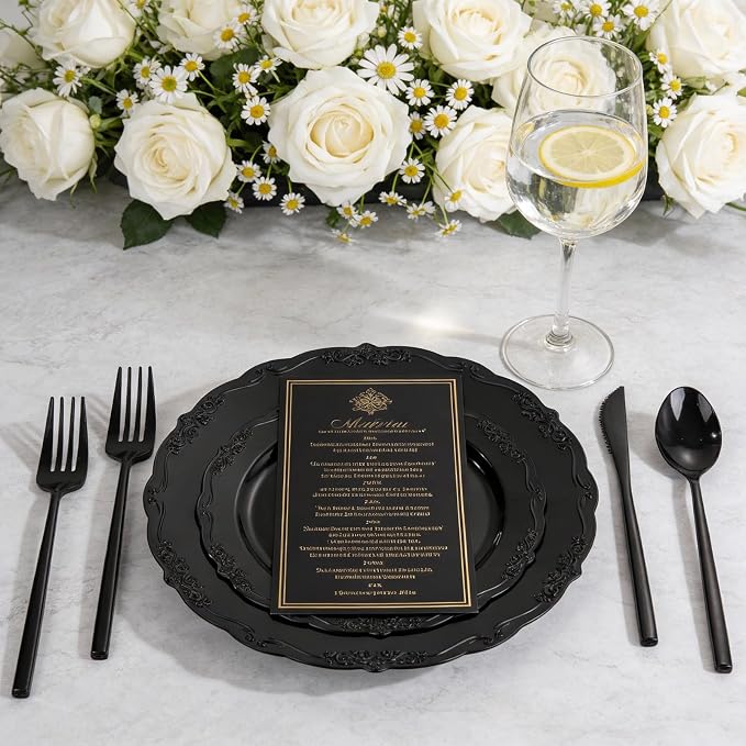 Tinybee 150PCS Black Plastic Silverware - Heavy Duty Disposable Silverware, Luxury Black Plastic Utensils - Elegant Disposable Utensil Include 50 Knives,50 Forks,50 Spoons for Party&Wedding