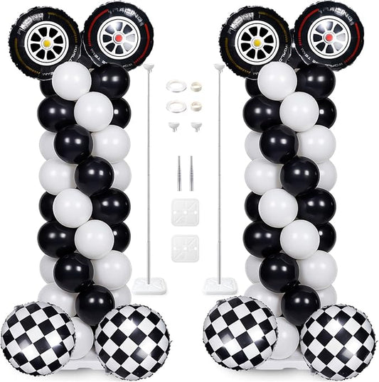 Skylety 2 Sets Race Car Balloon Column Stand Kit Adjustable Race Car Black White Balloon Stand with Bases for Birthday Wedding Anniversary Graduation Party Baby Shower Decorations Supplies