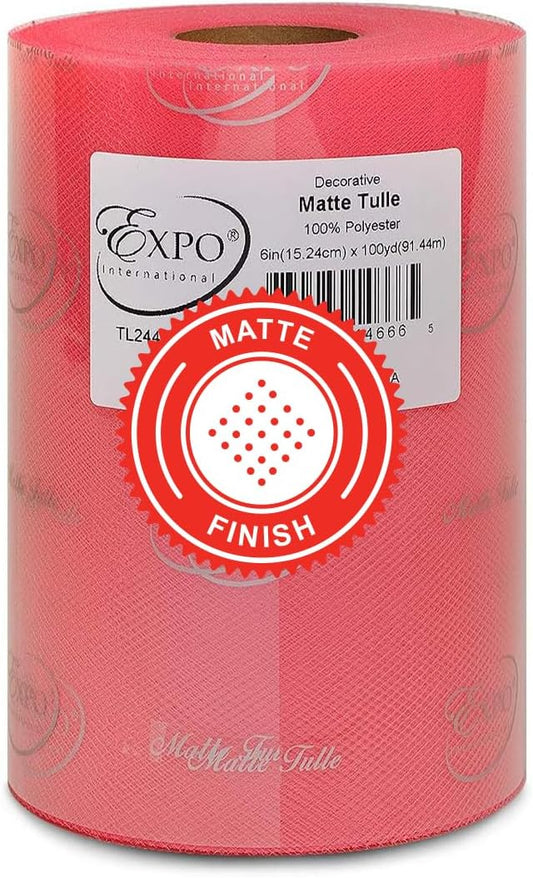 Expo International Decorative Matte Tulle, Roll/Spool of 6” X 100 Yards, Lightweight Polyester Tulle Fabric for Tutus, Costumes, and Party Decorations, Washable, Easy-to-Use, Coral