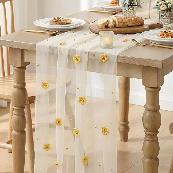 Artoid Mode Yellow Flower Pearl White Gauze Table Runner 10FT 6PC, Seasonal Sheer Dining Holiday Wedding Birthday Baby Shower Table Decor for Home Party