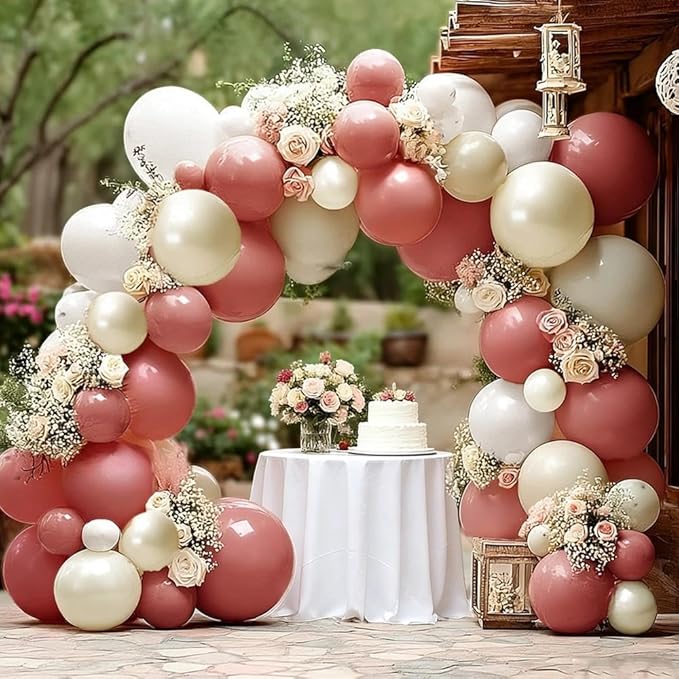 Dusty Pink Cream White Balloon Garland, Double Stuffed Rose Pink Sand White Pearl Balloon Arch Kit for Boho Bridal Shower Wedding Baby Shower Birthday Mother's Day Party Decorations