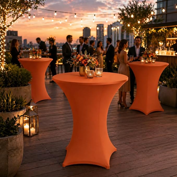 Cocktail Table Covers - 2 Pack 32x43 Inch Table Cloth - Orange Fitted Stretch Spandex Round High Top Tablecloth for Party, Bar, Birthday, Pub, Banquet
