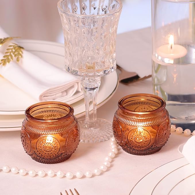 12 Pcs Amber Candle Holders- Floral Style Vintage Candle Holder for Rustic/Boho Wedding Table centerpieces, Bridal Shower, Baby Shower Decoration