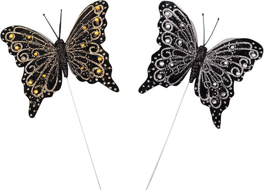 Set of 12 Glitter Monarch Feather Butterflies on Wire for Floral Arrangements and DIY Decorations (Black/Gold-Silver)