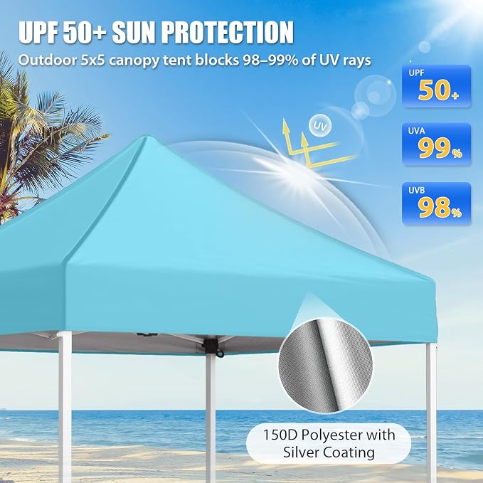 EAGLE PEAK 5x5 Pop Up Canopy Tent Instant Outdoor Canopy Easy Set-up Straight Leg Folding Shelter, Light Blue