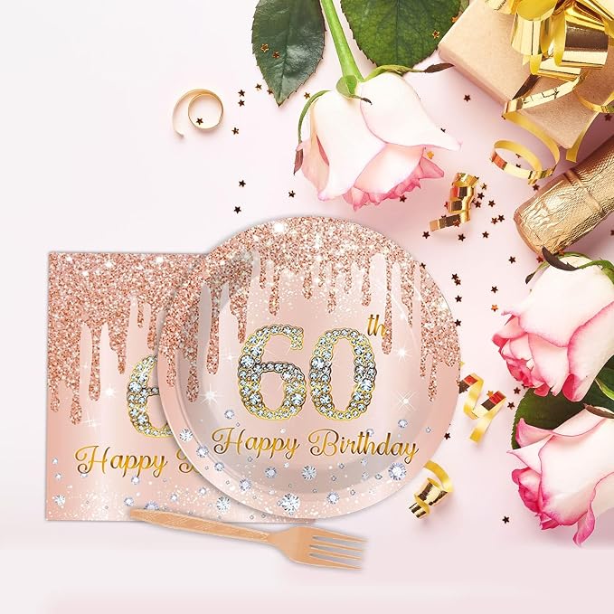 ZOIIWA 96 Pieces 60th Birthday Party Tableware Set for Pink Rose Gold 60th Paper Table Decorations Supplies Pink Rose Gold Happy 60 Birthday Dessert Plates Napkins Forks for 24 Guests Women Supplies