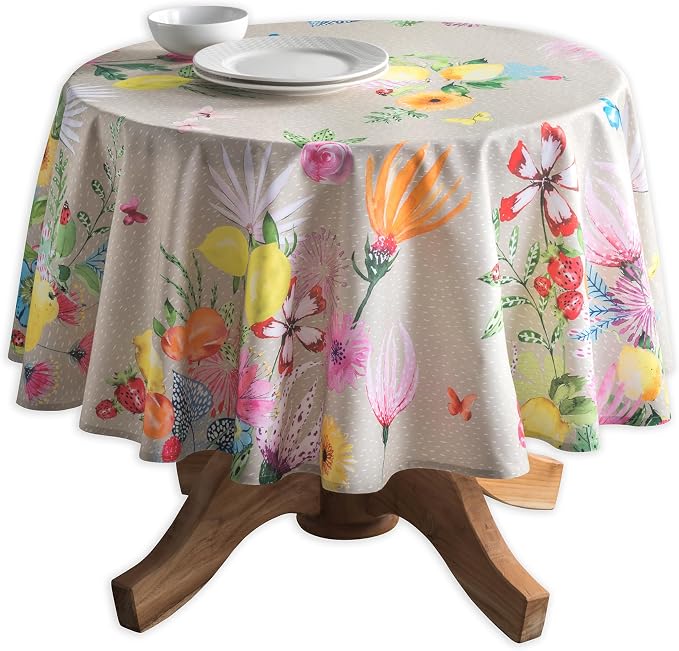 Maison d' Hermine Table Cloth Round Table 100% Cotton 69 Round Inches Tablecloth Reusable Decorative for Dining Kitchen Room Farmhouse Party Home Hotel Restaurant Spring Summer - Jardin D'Ete - Fog