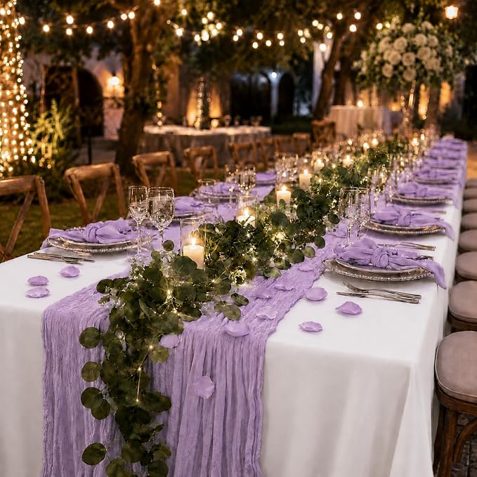 Cinrobiye 11PCS Boho Cheesecloth Table Runner Set with Rose Petals, 120 Inch Gauze Table Runner, Wrinkled Napkins, Eucalyptus Garland and String Lights for Wedding Baby Shower Tea Party Decorations