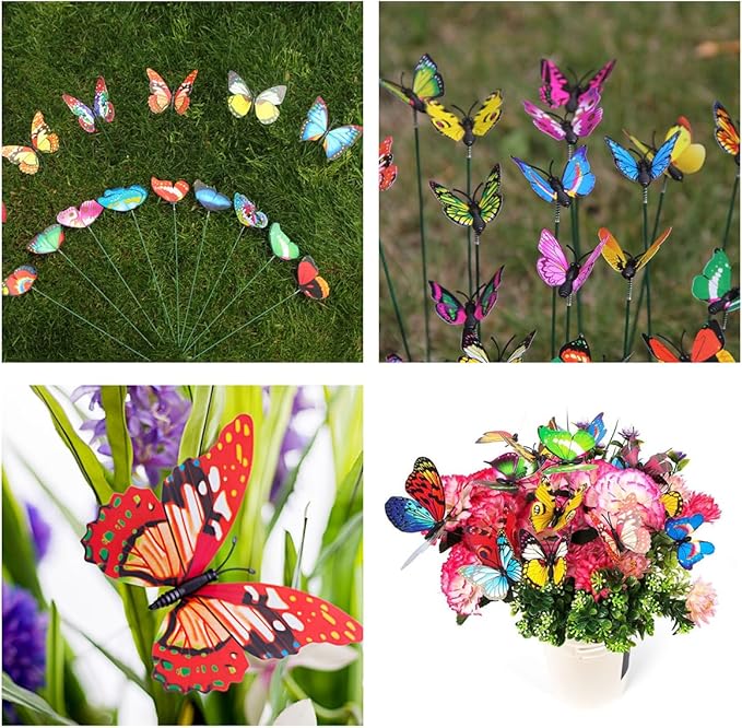 3D Butterfly Garden Stake Decor,10" PVC Butterfly Garden Decor for Outside,Shaking Head Artificial Butterflies for Cake Bouquet Wall Lawn Pathway Plant Pot Flower Bed Yard Decor (50, Red)