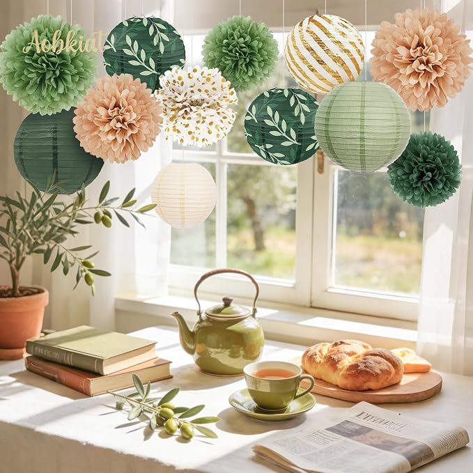 AOBKIAT Wedding Party Decorations Set,12PCS Olive Green Sage Paper Pom Poms Lanterns with Olive Leaf,for Engagement,Baby Shower,Bridal Shower,Boho Party