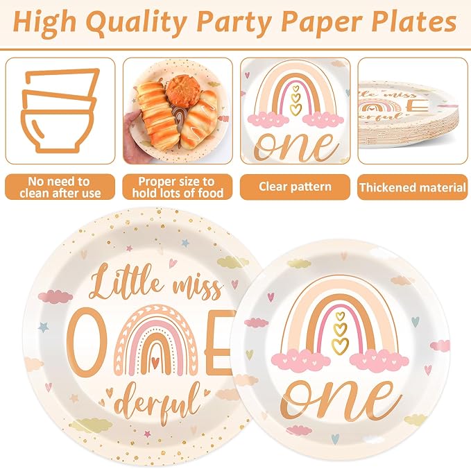 96Pcs Boho Rainbow Party 1st Decorations Miss Little One Derful 1st Themed Tableware Rainbow First Trip Birthday Plates Napkins Forks Onederful Dinnerware Supplies for Baby Shower Birthday Serves 24