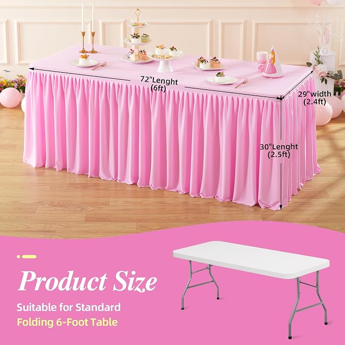 PARTISKY 1 Pack Pink Spandex Table Clothes for 6 Foot Rectangle Tables, 6FT Wrinkle Free Fitted Tablecloths Ruffles Table Cover with Skirt for Baby Shower Birthday Party Banquet Wedding and Events