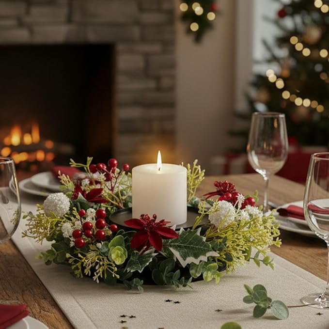 MOYEE Christmas Winter Centerpieces for Tables Candle Ring, Black Metal Candlestick with an Artificial Wreaths 14 in Versatile Dining Table Centerpiece Decor (White Ball Wreath)