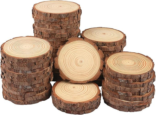 GNIEMCKIN 60 PCS 4-4.7 Inch Natural Wood Slices, Unfinished Pine Wood Circles with Barks for Coasters, DIY Crafts, Christmas Rustic Wedding Ornaments and Centerpieces