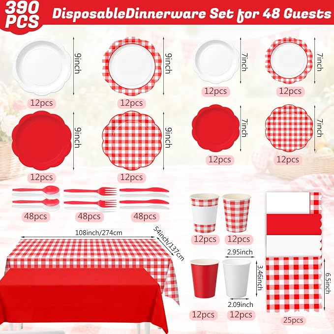 Ceenna 390 Pcs Red Gingham Party Supplies for 48 Guests, Red and White Checkered Paper Plates Napkins Cups Tablecloth Cutlery Disposable Tableware for Picnic BBQ Birthday Baby Shower Party Deocration