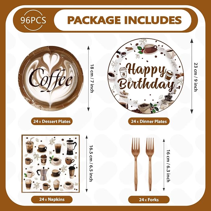 Grencian 96Pcs Brown Coffee Happy Birthday Party Decorations Supplies Coffee Theme Plates and Napkins Latte Art Disposable Tableware Set for Cappuccino Lover Adult Birthday Party Decorations Serve 24