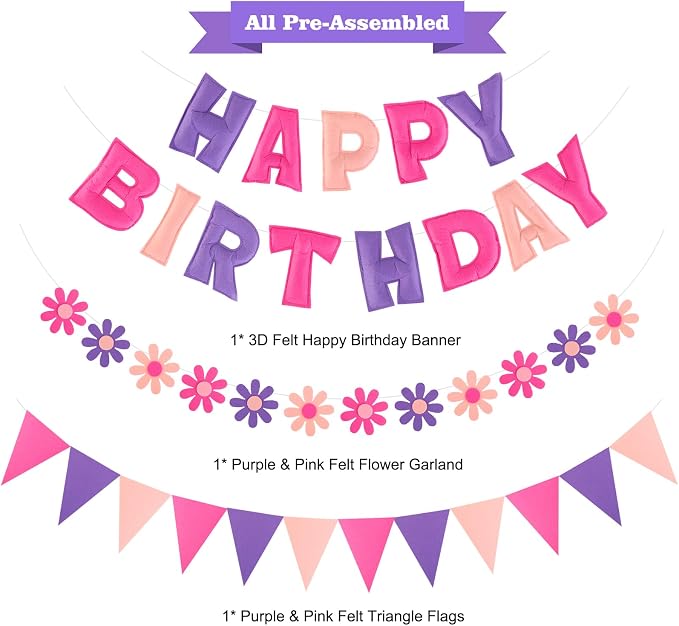 YEOCU Happy Birthday Decorations, No DIY, Pre-Strung 3D Banner | Pink&Purple, 3D felt banner, flower garland & flags. No DIY, reusable for kids & women.