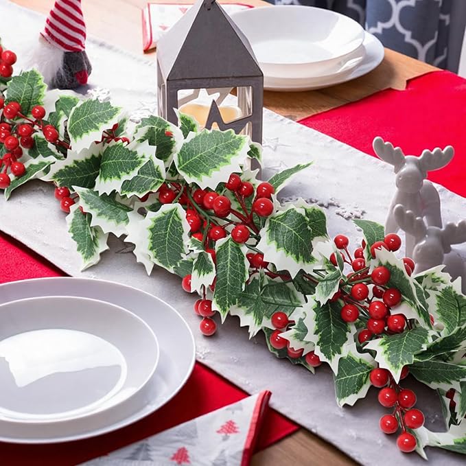 Zerzsy 2 Pack Artificial Red Garland,Eucalyptus Garland Green Leaves with Red Berry,Faux Hanging Garland Vine Plants Decorations for Table, Mantle, Staires, Wall, Indoor/Outdoor(2pcs-Red)