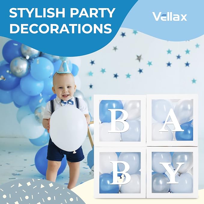 44-Piece Baby Shower Decorations for Boy or Girl - 4 Boxes with Letters and 32 Balloons - Classic White and Blue - Gender Reveal Party Supplies - Photo Shoot Backdrop Prop
