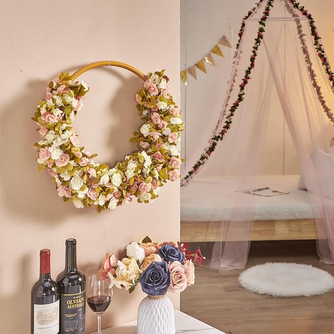 PONKING 8 Pcs x 8.2 ft Flower Garland Artificial Rose Vine Flowers with Green Leaves Hanging Fake Roses Vine for Room Party Home Wedding Birthday Christmas Wall Arch Decor, Pink White Flower