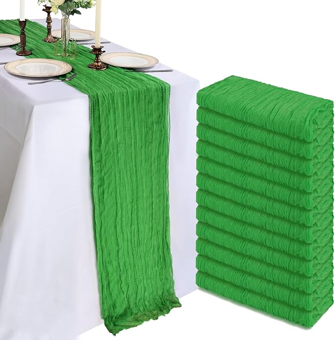 12 Pack 10FT Green Cheesecloth Table Runner 120 Inch Long Gauze Rustic Boho Spring Cheese Cloth Table Runner Sheer Fabric Decorations for Holiday Party Wedding Banquet Bridal Baby Shower Décor