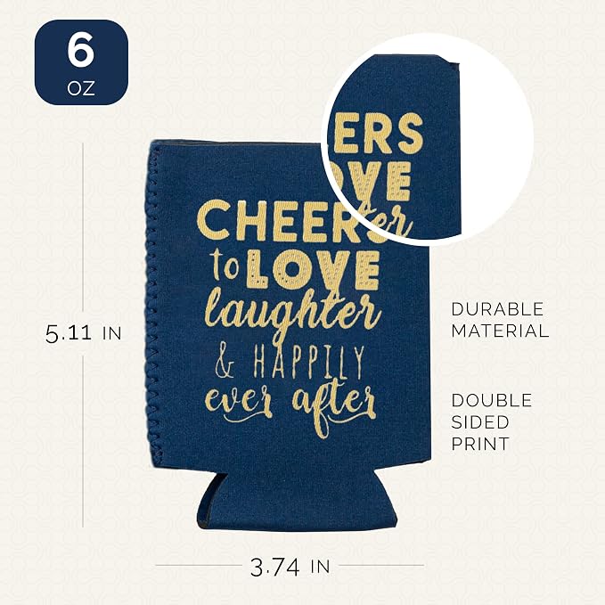 Wedding Can Cooler Decorations Set of 12 - Cheers to Love Laughter and Happily Ever After, Wedding Rehearsal Dinner Decorations - Bridal Showers, Engagement Party Favors for Guests and Supplies