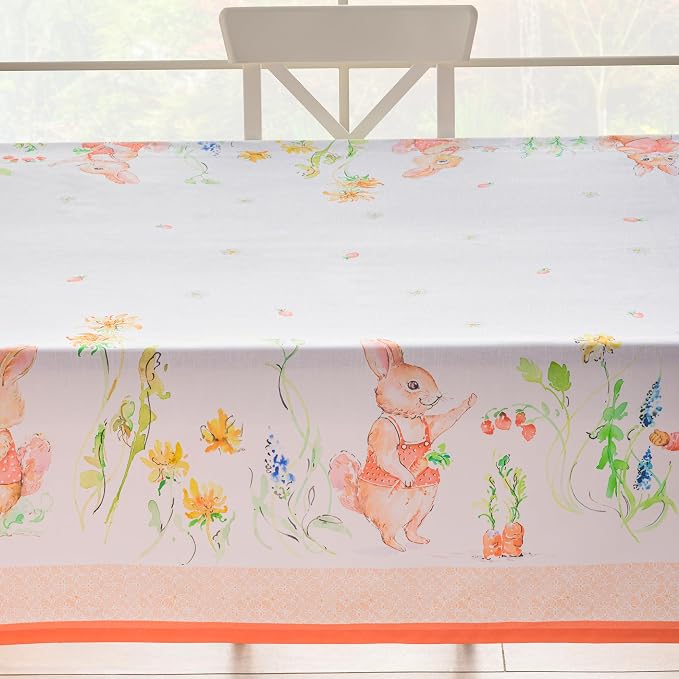 Maison d' Hermine Table Cloth Rectangle Table 100% Cotton 70 x 140 Inches Tablecloth Reusable Decorative for Dining Kitchen Room Farmhouse Party Home Hotel Restaurant Spring Summer - Bunny Party