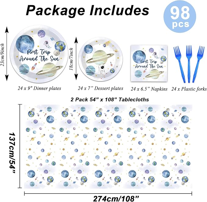 98 PCS First Trip Around The Sun Birthday Party Tableware Set Outer Space Themed Decorations 1st Space Birthday Dinner Paper Plates Boho Solar System Tablecloth Napkins Forks Sun Theme Party Supplies