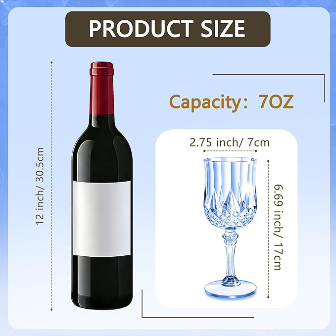 24PCS 7oz Plastic Wine Glasses Drinking Unbreakable Glassware Goblets Cups Blue Water Reusable Vintage Champagne Flutes for Valentine’s Day, Parties, Wedding (24, Blue)