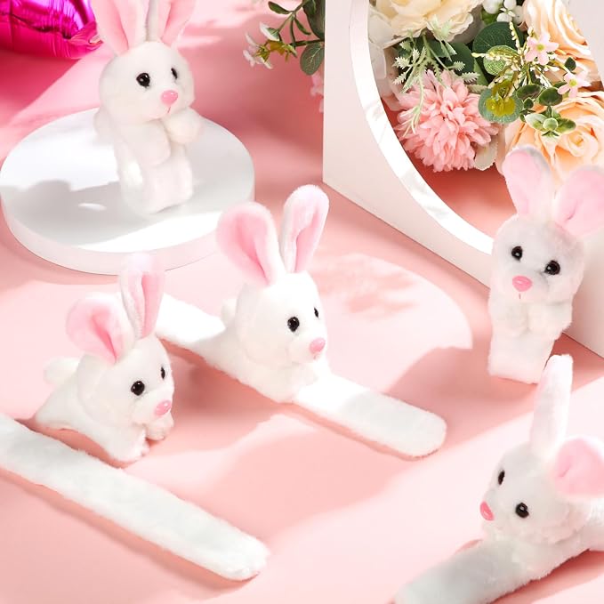 Lenwen 8 Pcs Stuffed Bunny Rabbit Animals Slap Bracelets for Kids 8.66 Inch Back to School Plush Animal Bracelets Adopt a Bunny Party Favors Wrist Slap Snap Band Toy for Boys Girls Birthday Gifts