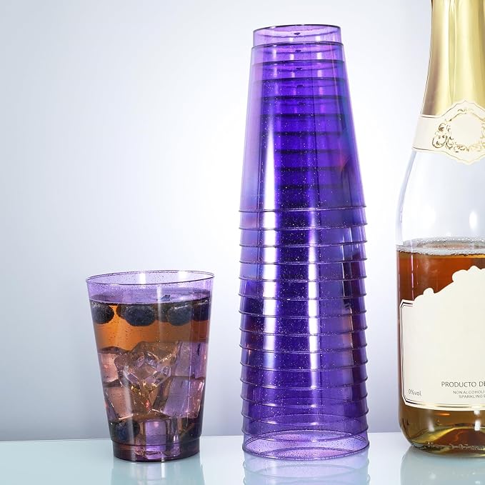 Homy Feel 12 Oz Purple Glitter Plastic Cups - 50PCS Disposable Cocktail & Wine Cups for Wedding Party