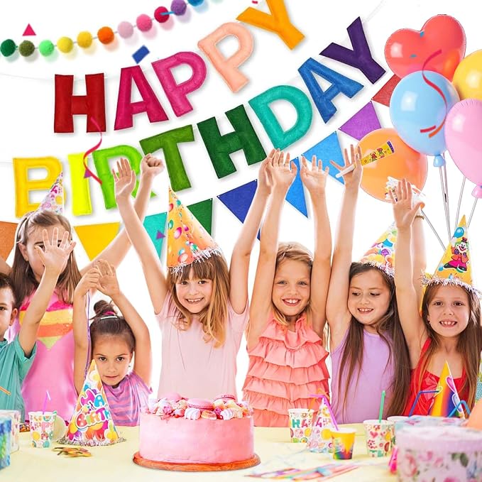 Pre-Strung 3D Happy Birthday Banner-Felt Happy Birthday Decorations Ball Garland Pennant Flag Reusable Rainbow Birthday Decorations Multicolor Rainbow Bunting String Triangle Flags Birthday Party Decor