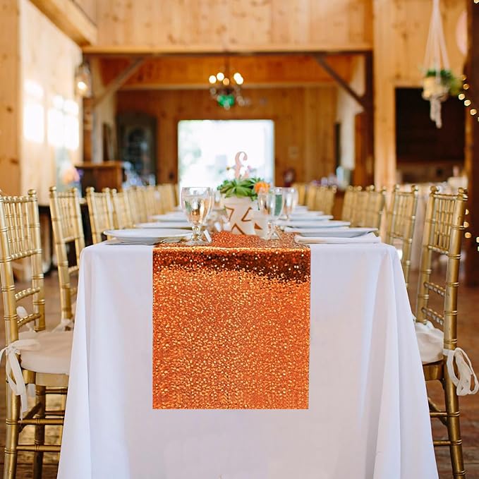 10 Packs 12 x 72 inches Orange Sequin Table Runner, Glitter Runner for Birthday Party Supplies Wedding Holiday Celebration Baby Shower Engagement Anniversary Decor