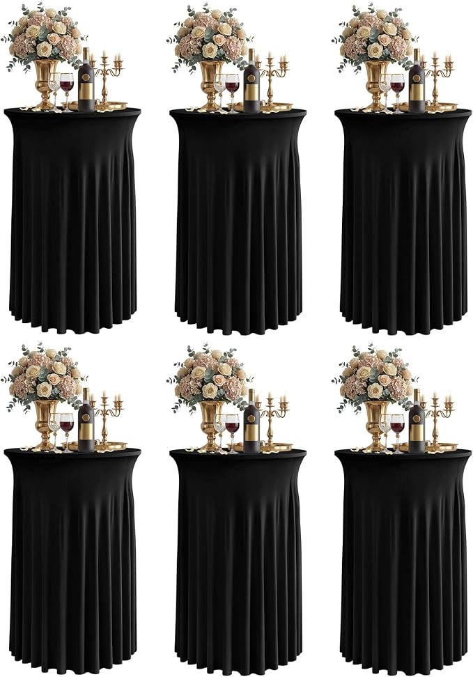 KeyWave Cocktail Table Tablecloth with Skirts - 24x43 Inch Wavy Spandex High Top Cocktail Table Covers, Ruffle Drape Highboy Tablecloth Reusable for Party Wedding Cake Standing Table, Black, 6 Pack