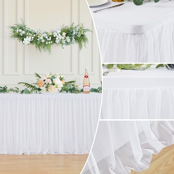 4 Pack White Tulle Tablecloths for 8 Foot Rectangular Tables, 8ft White Tulle Table Skirt, Wrinkle Free Table Cover with Tutu Skirt for Wedding Bridal Shower Birthday Party Banquet Buffet Cake Event