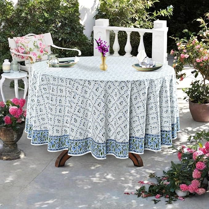 Ridhi Round Tablecloth Hand Block Print 100% Cotton Reusable Powder Blue 132 Inch Table Cover Decorative Everyday Use for Dining, Home, Party, Wedding, Farmhouse, Party Gift for Spring, Mother's Day