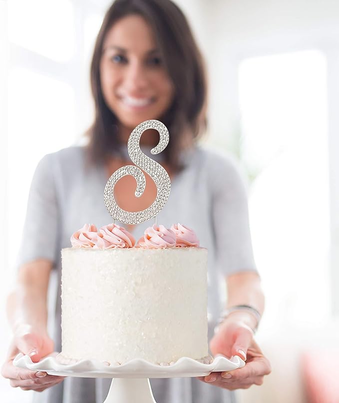 Letter S Cake Topper - Premium Silver Metal - S Monogram Wedding or Anniversary Party Sparkly Rhinestone Initial Decoration Makes a Great Centerpiece - Now Protected in a Box