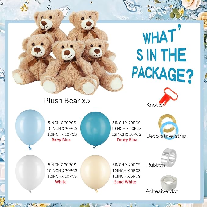 Meooeck 185 Pcs Bear Baby Shower Party Decorations Table Centerpieces 5 Pcs 13. 5'' Gender Reveal Bears 180 Balloons Kit Baby Shower Table Decor for Birthday Wedding(Blue,White)