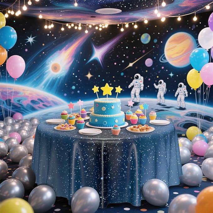 3 Pcs Space Tablecloths, 84 x 84 ''Galaxy Explore Theme Plastic Table Cloth Disposable Use for Kids Outer Space Stars Theme Birthday Decorations