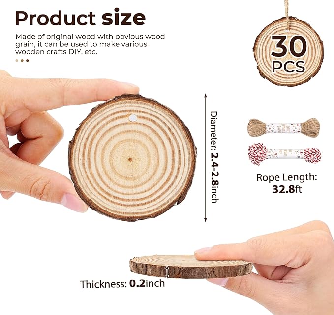 ilauke Wood Slices, 30 Pcs 2.4"-2.8" Natural Wood Rounds with Predrilled Hole, Wooden Circles with Bark, Unfinished Wood Kit for Paint DIY Ornaments Christmas Crafts Arts Wedding Decorations