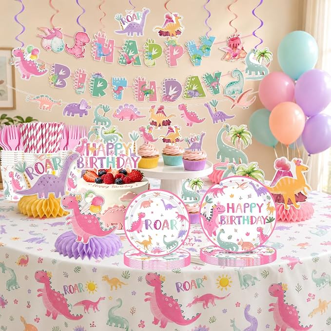 Dinosaur Bday Party Supplies Decorations for Girls 1st 2nd 3rd 4th Bday Dino Tableware Pre-strung Banner Honeycomb Centerpieces Tablecoth Hanging Swirls Cupcake Topper Balloons Serve 25